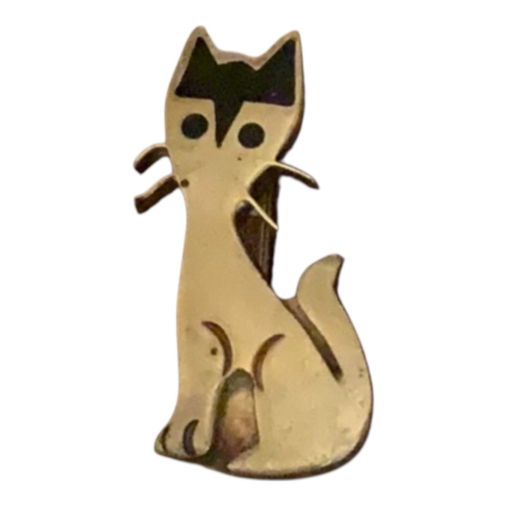 Vintage Mexico 925 Sterling Silver Black Enamel Cat Brooch Figural Modernist Pin